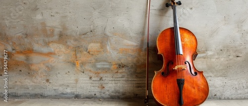  a cello leaning against a wall with a wooden stick sticking out of the back of it's back end.