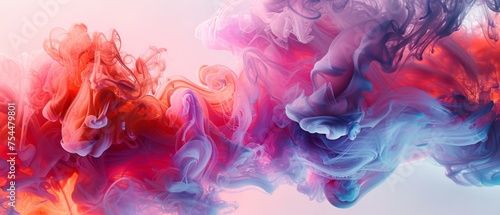  a group of colorful smokes floating in a blue, pink, and red liquid streaming down the side of a wall. photo