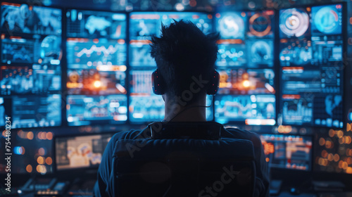 A man monitors a wall of digital displays, each one buzzing with streams of information, in a high-tech control room.