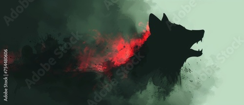  a black and red painting of a wolf's head with a red light in the middle of the image. photo