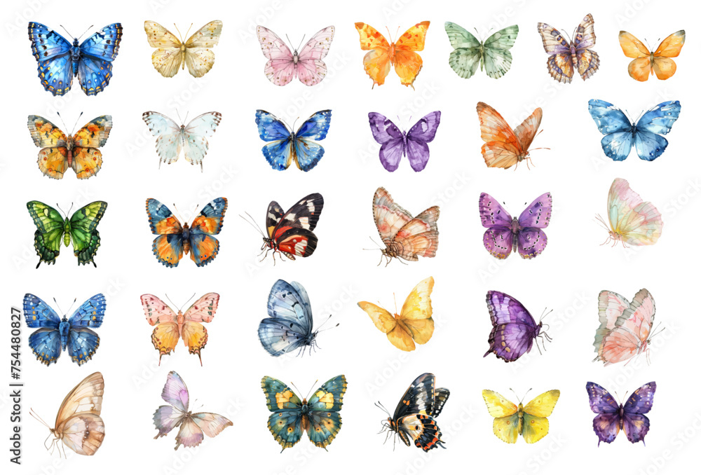 Watercolor colorful butterflies collection, set of butterflies isolated on white background