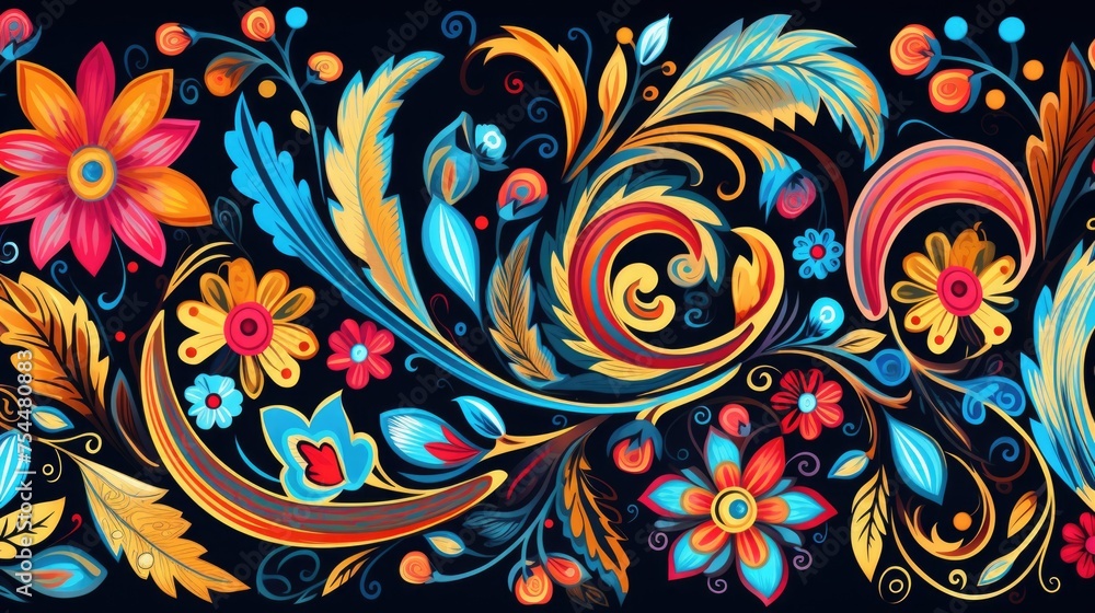 Vibrant floral pattern on a dark backdrop, suitable for various design projects Vibrant floral pattern on a dark backdrop, suitable for various design projects