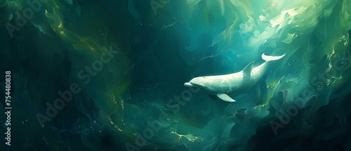  a painting of a sea lion swimming in a body of water with a light shining on it's side.