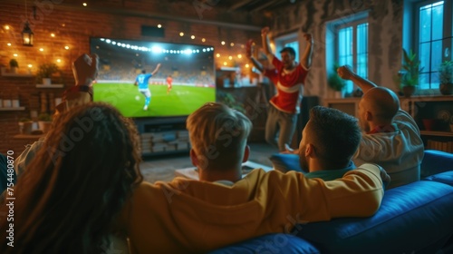 A group of fans enjoying a soccer match on a couch  captivated by the television  football TV experiencing the fun and entertainment of the world favorite sport. AIG41