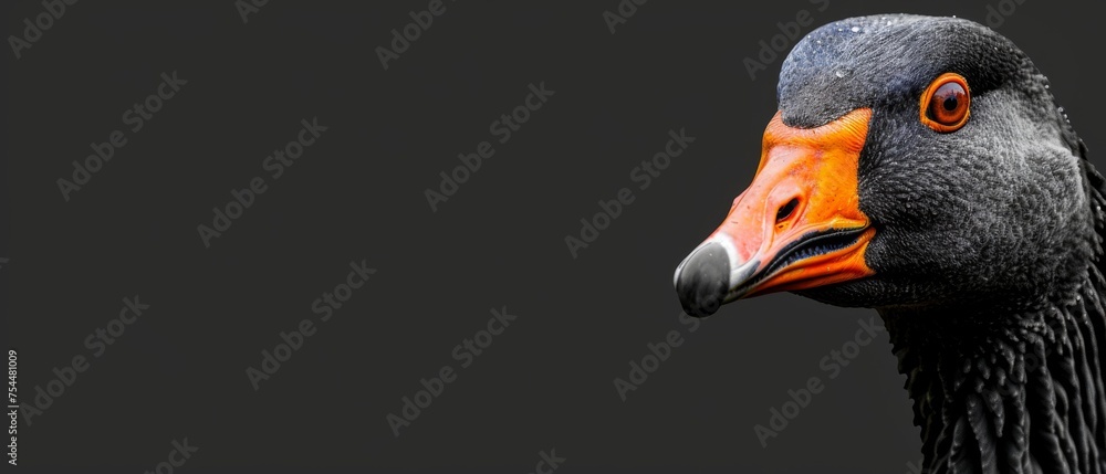  a close up of a black and orange bird with an orange beak and a black back ground with a black background. - obrazy, fototapety, plakaty 