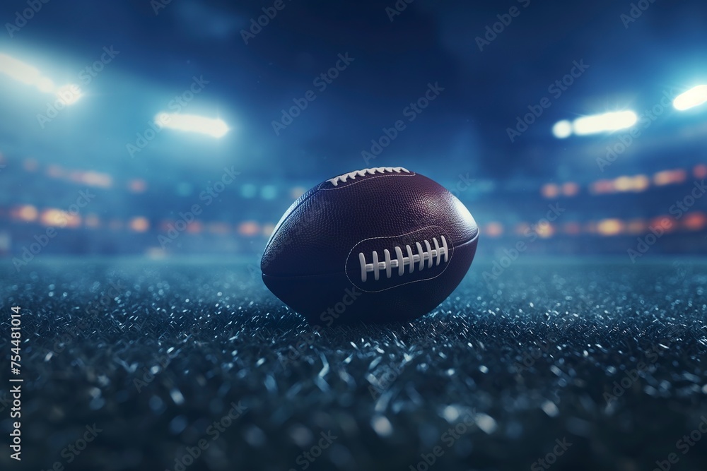 A football rests on a green field, ready for an American football kickoff game start. A football rests on a green field, ready for an American football kickoff game start.