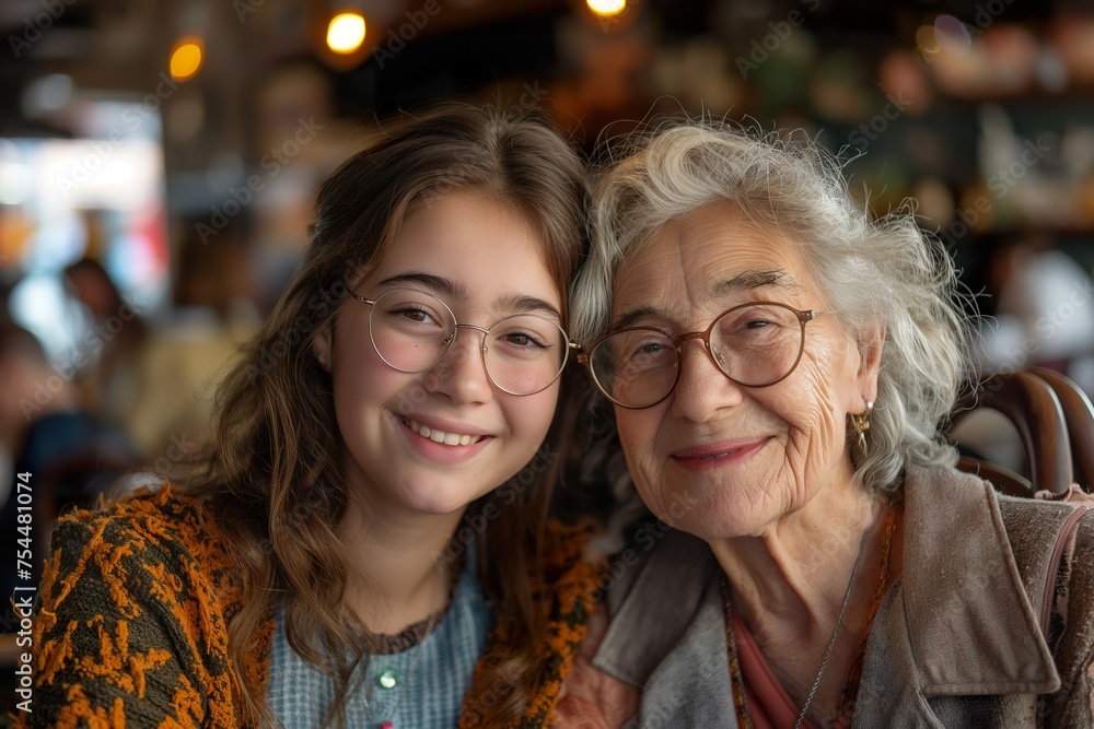 A young girl and an old grandmother sitting together, sharing a heartfelt moment of bonding and connection.