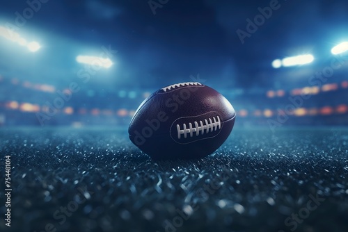 A football rests on a green field, ready for an American football kickoff game start.