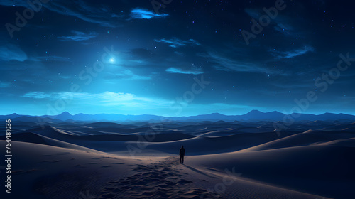 A moonlit desert landscape with vast dunes under a starry sky, a lone traveler with a silhouette against the horizon Generative AI