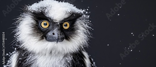  a close up of a black and white monkey with snow all over it's face and a black background. photo
