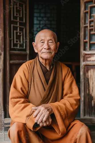 A man budish in front of a building nepal sits on the ground. photo