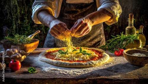 pizzaiolo mulher aparecendo o rosto artesanal criando uma pizza rústica ingredientes em uma cozinha escura, artística, iluminação escura photo
