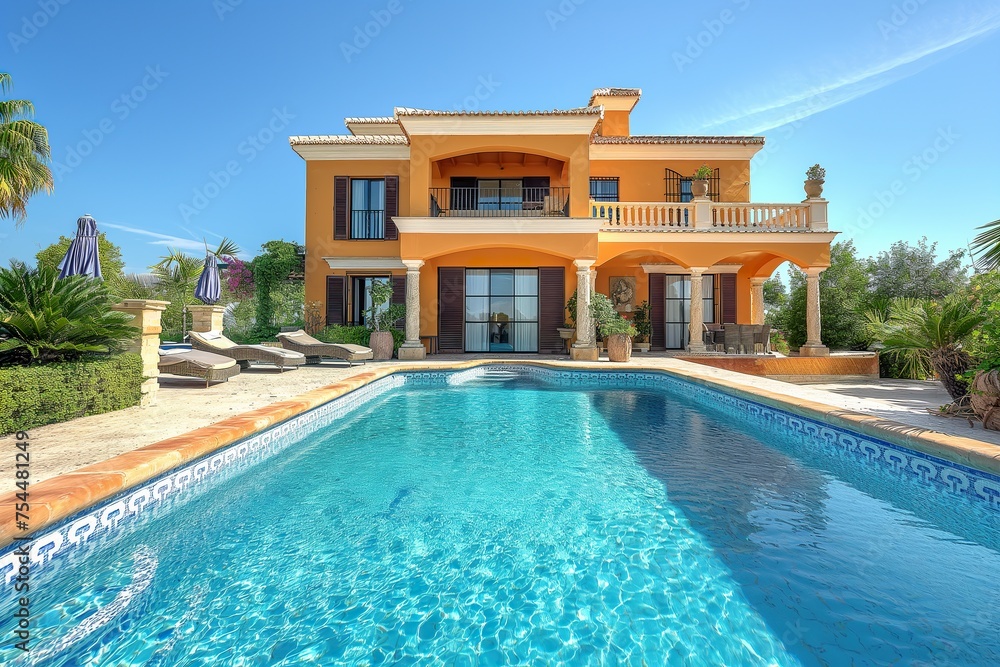 A grand house with a sparkling pool in the foreground, set against a picturesque backdrop.