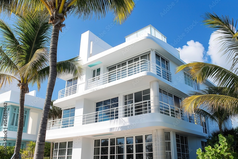 A modern Art Deco style white building stands amidst palm trees.