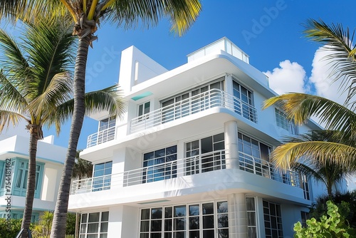 A modern Art Deco style white building stands amidst palm trees. © Joaquin Corbalan