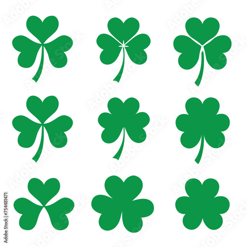 Set of four green clover leaves isolated on white background. St. Patrick's Day. Vector illustration.