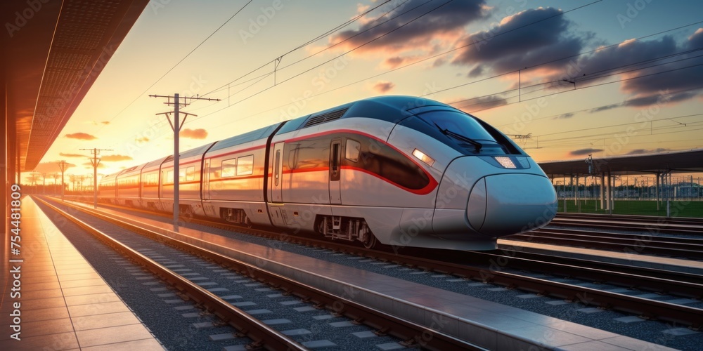 Naklejka premium A train moving down tracks beside a station. Suitable for transportation concepts