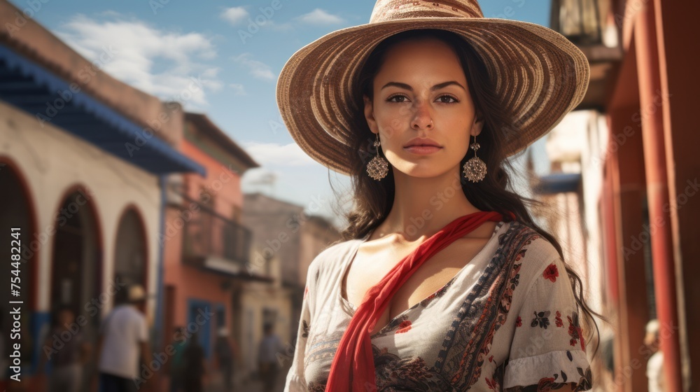 Artistic portrait of a South American woman in folk costume, combining history and culture in an urban landscape. Artistic portrait of a South American woman in folk costume, combining history and culture in an urban landscape.