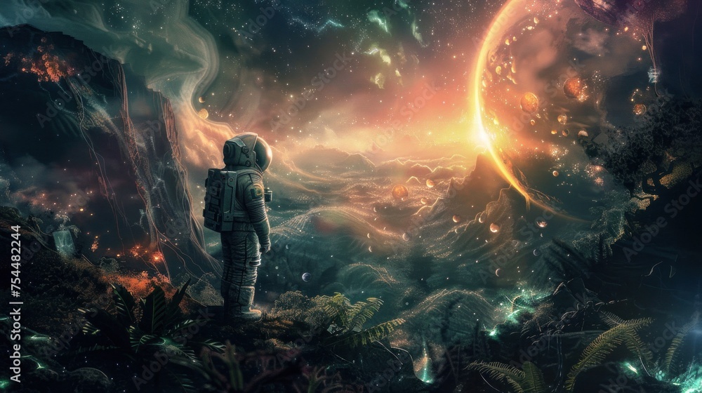 Fototapeta premium Lone astronaut exploring a breathtaking alien landscape with double sun, bioluminescent flora, and strange rock formations.