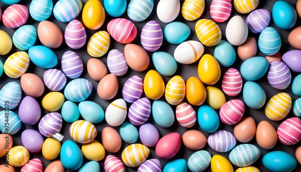 Multitude of colorful chocolate easter eggs background, aerial view, stripes patterns painting Multitude of colorful chocolate easter eggs background, aerial view, stripes patterns painting