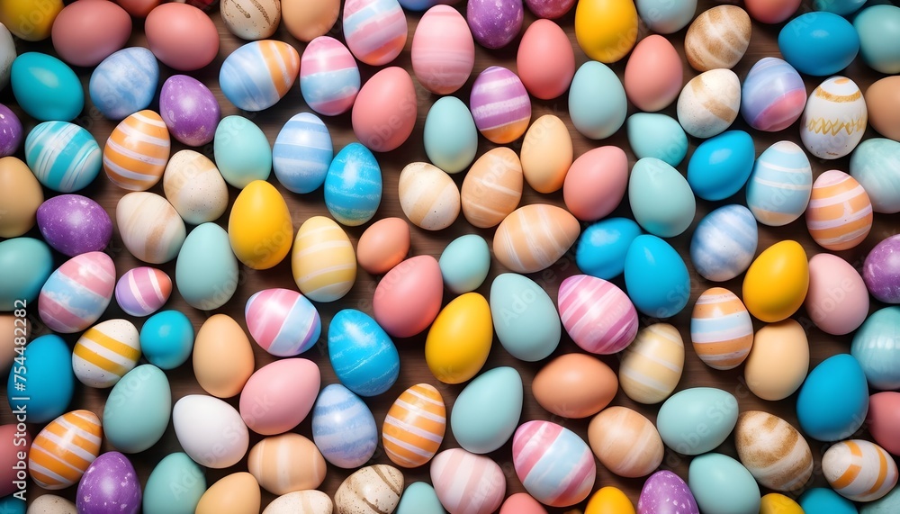 Multitude of colorful chocolate easter eggs background, aerial view Multitude of colorful chocolate easter eggs background, aerial view