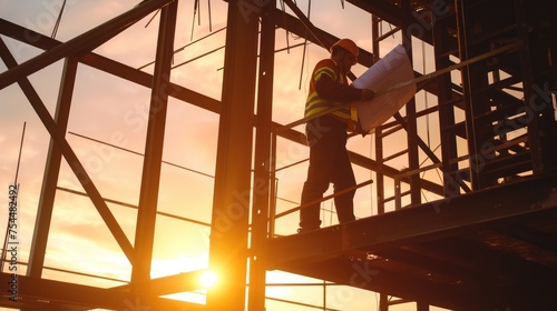 As the day breaks  a construction worker reviews blueprints on a high-rise site  planning the day s work with a backdrop of the rising sun. AIG41