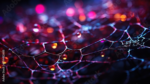 Halloween spider web with red lights on dark background. © nahij