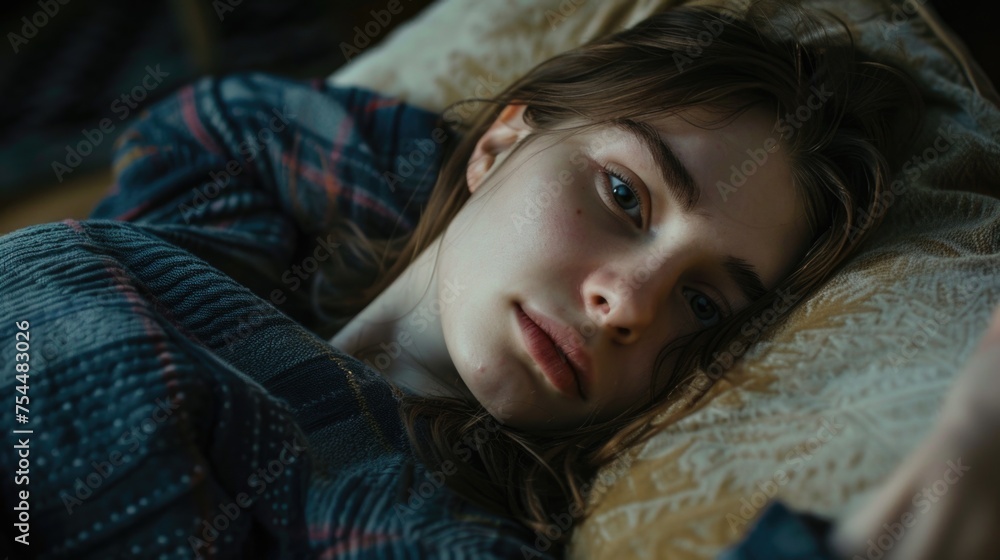 A young girl laying on a bed with her eyes closed. Suitable for relaxation or sleep-related concepts A young girl laying on a bed with her eyes closed. Suitable for relaxation or sleep-related concepts