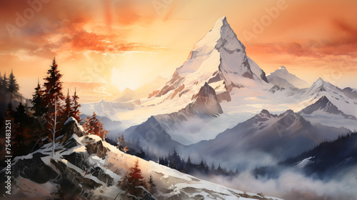 A snowy mountain peak at sunrise, the sky ablaze with warm colors, painting the serene and majestic beauty of a winter landscape Generative AI