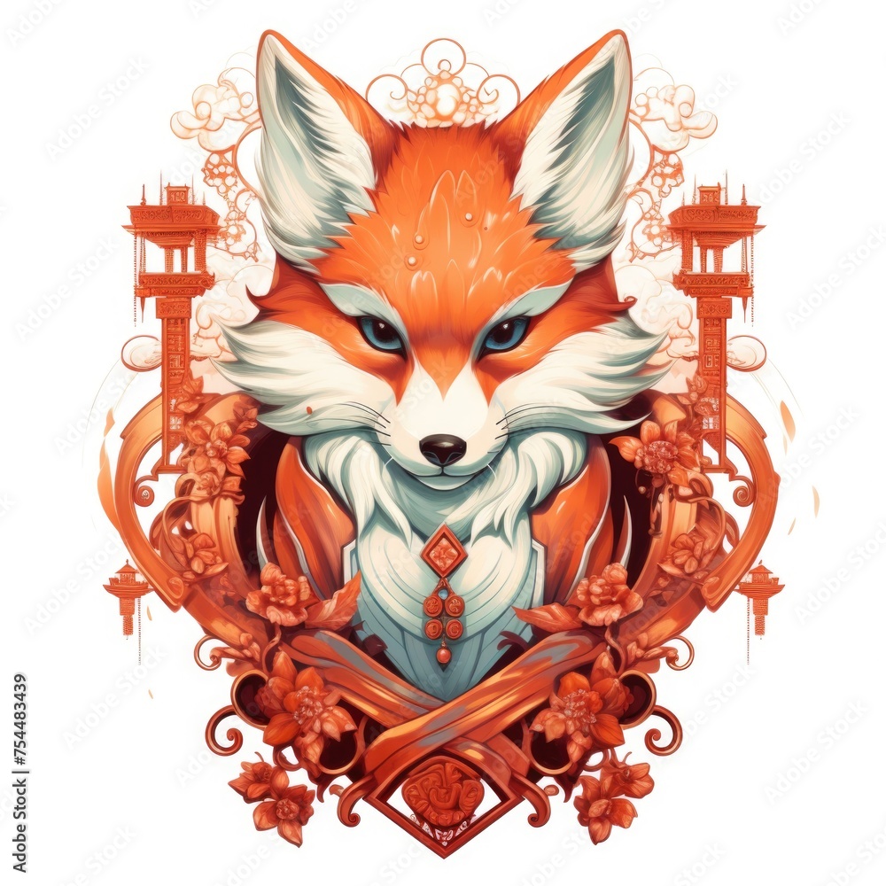 Fototapeta premium A cute red fox wearing a white scarf. Suitable for winter-themed designs