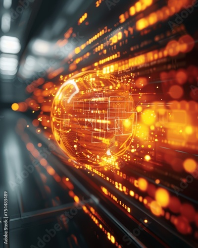 Futuristic Concept of a Digital Data Sphere in a High-Speed Network Environment with Orange Glows