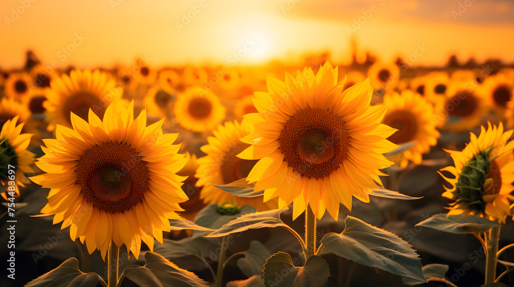 Fototapeta premium A sunflower field in a golden hour, bathed in warm sunlight, the petals glowing with a radiant glow Generative AI