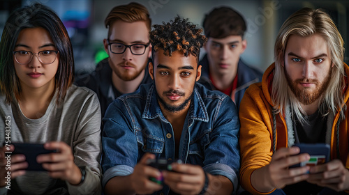 A group of diverse young team of of programmers of the development and launch process of a new mobile game in a telecommunications startup. Telecommunication Technology Start Up Business Concept photo
