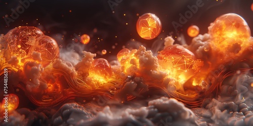 Intense Scene of Exploding Fiery Orbs and Smoke in a Dramatic Atmospheric Setting