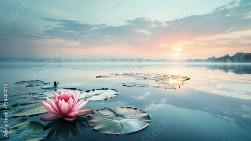 Tranquil lake with blooming lotus flower - A serene sunrise over a calm lake with a blooming lotus, reflecting water lilies and soft hues of dawn