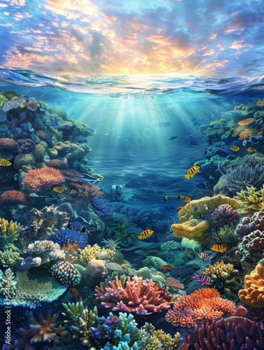 Vibrant underwater seascape with sunlight beams - This captivating image showcases a stunning underwater world filled with colorful marine life and coral structures, bathed in the light of a sunset © Mickey