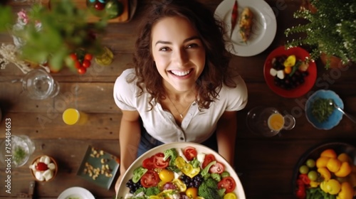 A woman holding a bowl of salad on a table. Suitable for healthy lifestyle concepts
