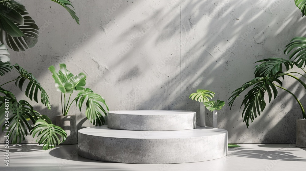 white product display podium with nature shadow and leaves in white background. 3D rendering. Ai Generative white product display podium with nature shadow and leaves in white background. 3D rendering. Ai Generative