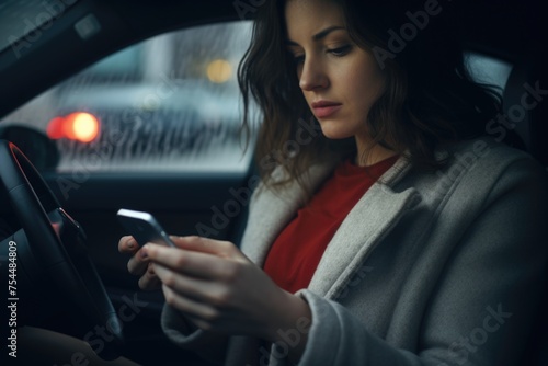 Woman sitting in car looking at cell phone, suitable for technology concepts © Fotograf