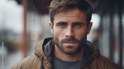 A man with a beard wearing a brown jacket. Suitable for various lifestyle or fashion concepts