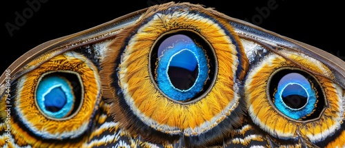  a close up of an owl's eye with bright blue and yellow feathers on it's back end. photo