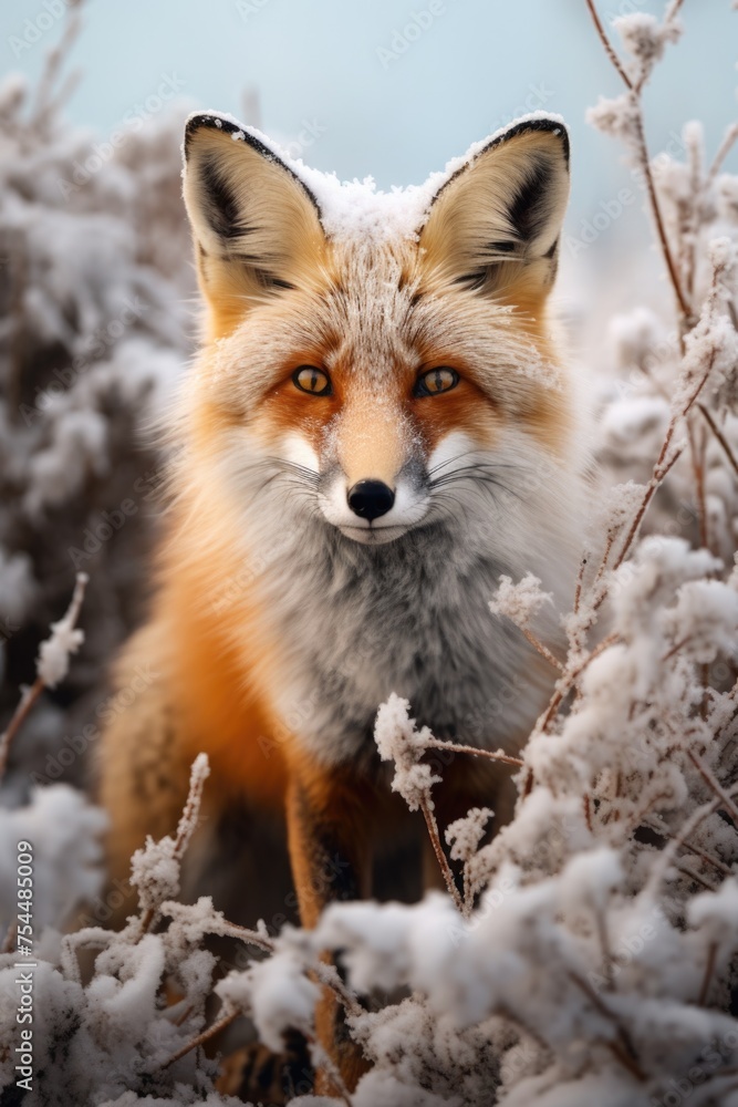 Close up of a fox in a snowy field. Perfect for winter themed designs Close up of a fox in a snowy field. Perfect for winter themed designs