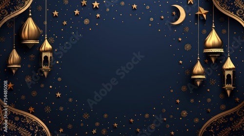 Elegant Islamic Background in Light Navy and Gold With Copy Space Available