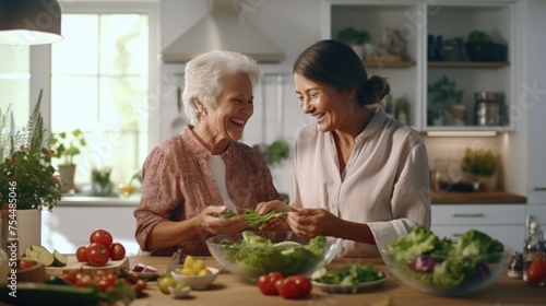 Older woman and younger woman in a kitchen. Suitable for family  cooking concepts