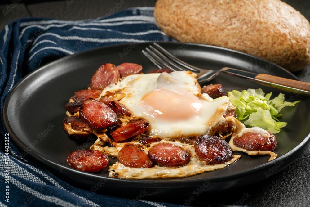 Fried egg and sliced sausage. Fried egg and sliced sausage.