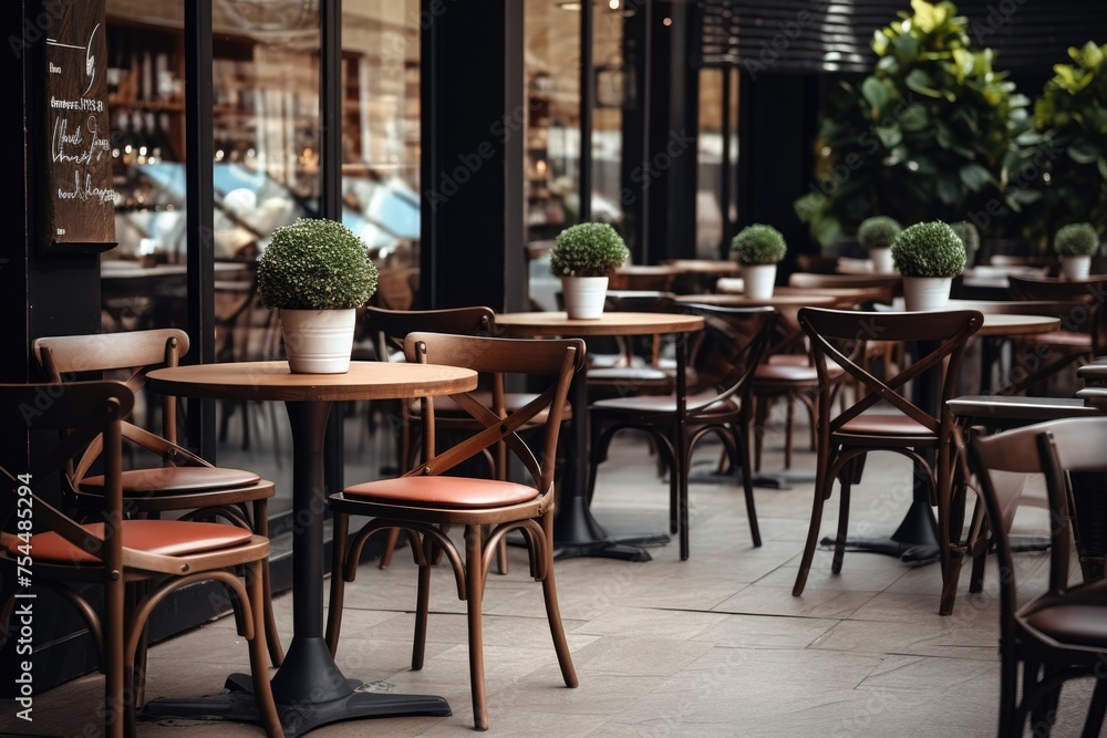 A row of tables and chairs outside a restaurant. Ideal for restaurant marketing materials