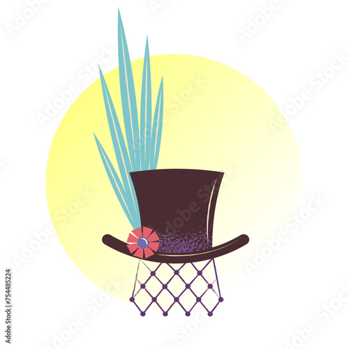 Carnival hat cylinder with blue feathers on a yellow background. Masquerade headdress. Flat vector illustration.