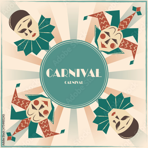 Retro poster on the theme of Carnival or masquerade. Vintage postcard with harlequin and pierrot masks. Old label with theater characters Flat vector illustration.