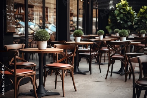 A row of tables and chairs outside a restaurant. Ideal for restaurant marketing materials