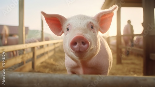 A pig standing in a pen, looking at the camera. Suitable for farm animal concepts